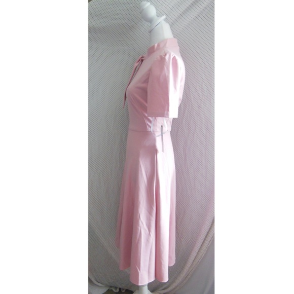 NEW MAGGY LONDON Shell PINK Short Sleeve NECKTIE Fit & Flare MIDI DRESS 2 (fit 4 - Picture 5 of 8